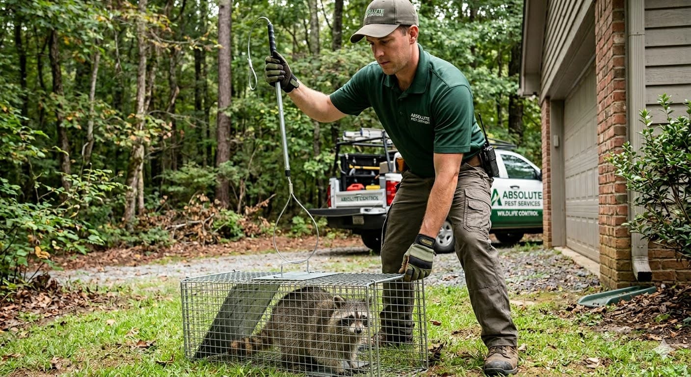 APS technician performing humane raccoon trap removal